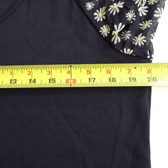 Cato Navy Blue Ribbed Top Shirt Womens Size L Floral Short Sleeve Round Neck - Picture 7 of 10